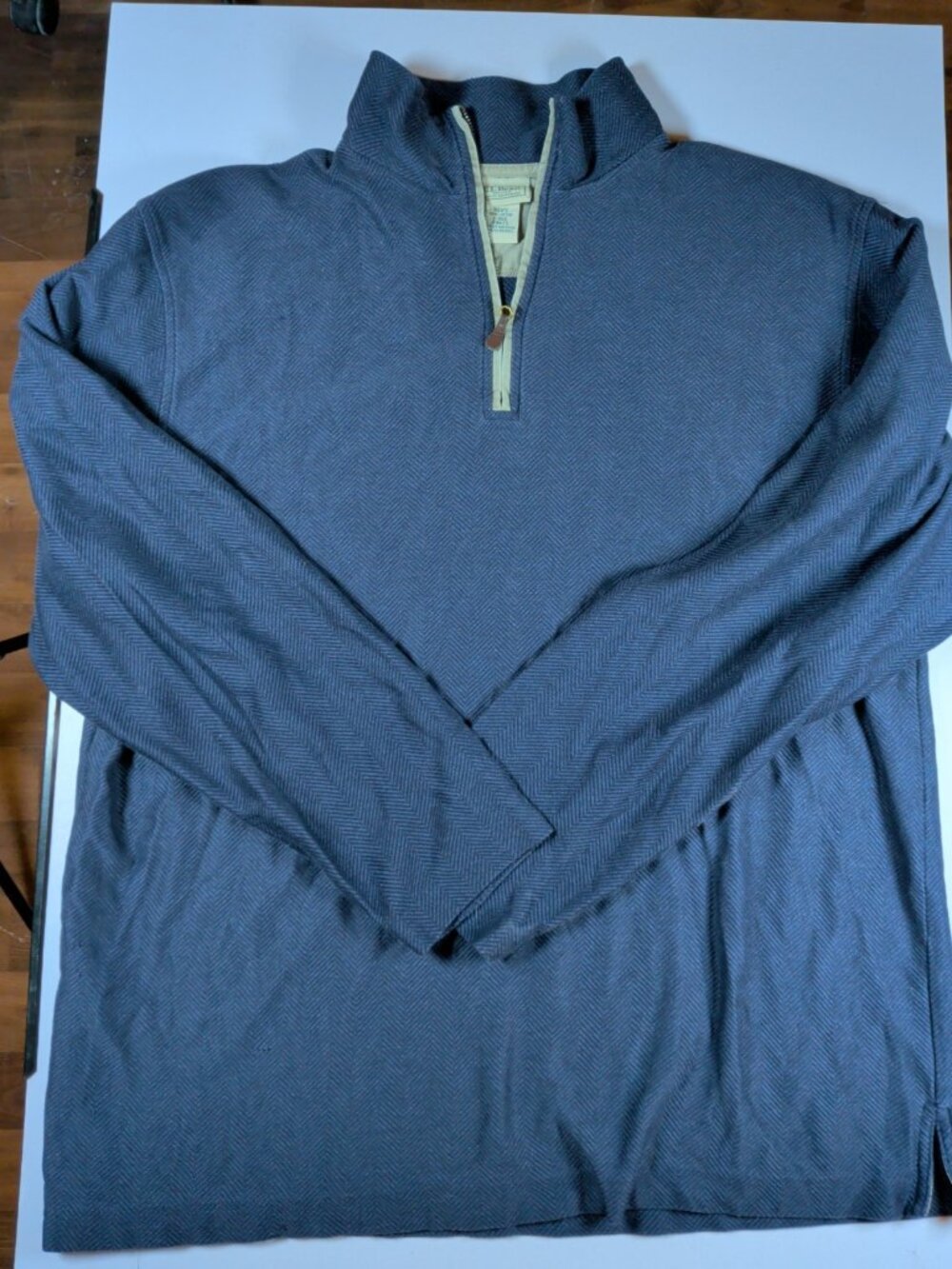 LL Bean 1/4 Zip Mock Neck Cotton Blue Herringbone Mens Large Long Sleeve